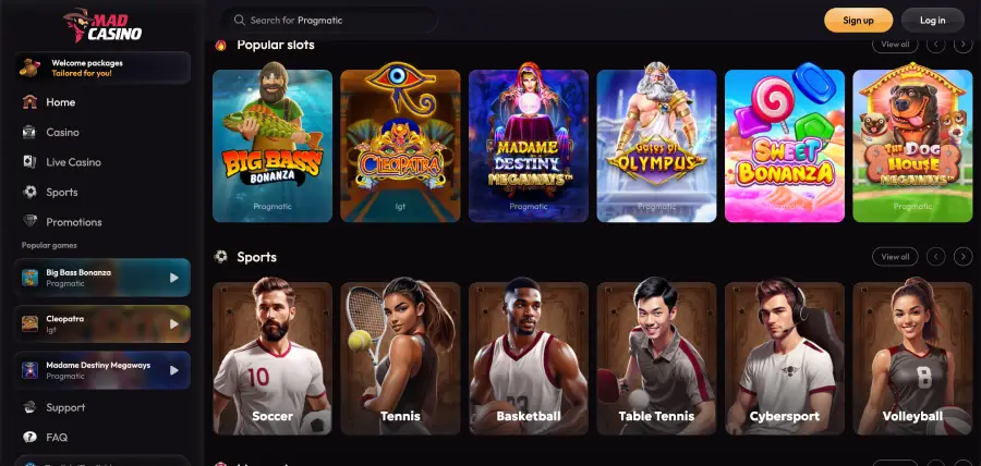 Mad casino interface with game categories and payment panel Mad casino interface with game categories and payment panel