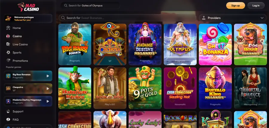 Mad slots casino popular games lobby with Big Bass Bonanza and Gates of Olympus Mad slots casino popular games lobby with Big Bass Bonanza and Gates of Olympus